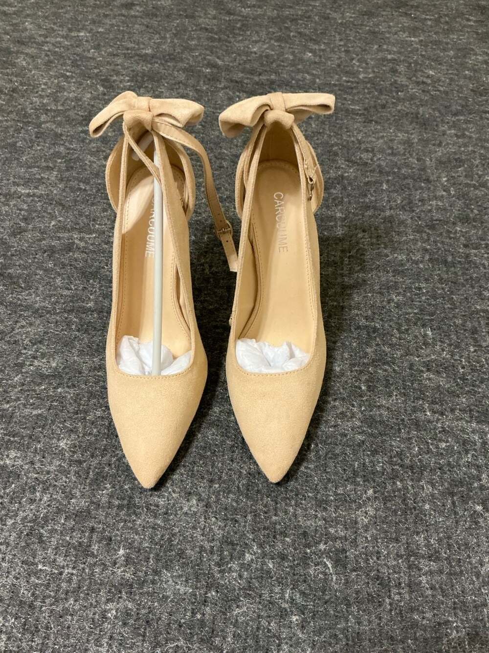 CARCUUME Womens Beige Suede Pointed Toe Stiletto High Heels Back Bow Ankle Strap